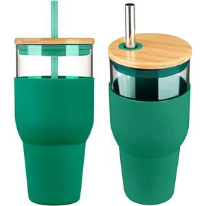 Gran oferta, vaso de vidrio de 32oz con pajita para jugo, botella de agua de vidrio ecológica con funda de silicona, tapa de Bambú - Product Image 1
