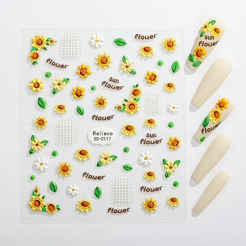 5D Embossed Sunflower & Butterfly Flower Pattern Plastic Nail Sticker & Decal for Nail Art Designs