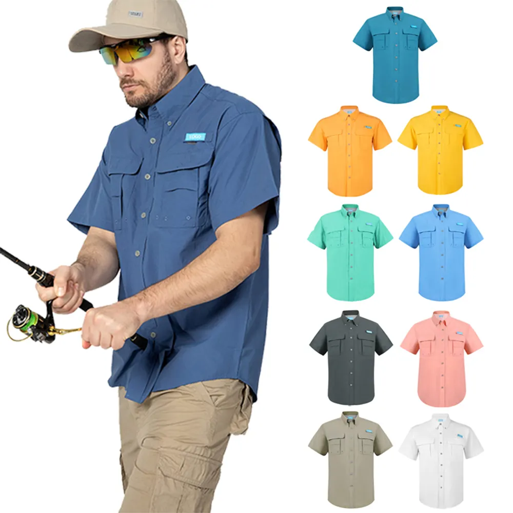 Personalizado anti uv upf50 + proteção solar secagem rápida impermeável respirável botão até manga curta camisa de pesca para homens