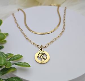 Collar de Acero Inoxidable 316L con Baño de Oro PVD, Colgante Circular con Palmera de Puerto Rico, Collares en Capas Doradas, Diseño Espiga y Clip, Resistente al Agua - Product Image 2