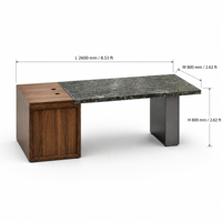 Bureau de direction en quartzite naturel Belvedere 2600x800mm avec base de rangement en bois massif et pieds en métal mat, vente en gros pour bureau