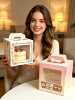 Boîte à gâteau pliable portable en carton blanc avec fenêtre et poignée, en matériaux recyclés écologiques, personnalisable avec logo, pour boulangerie et emballage de pain