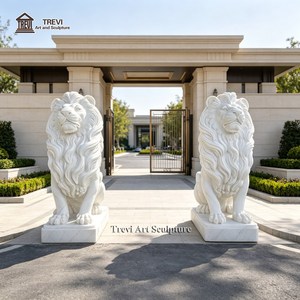 Paire de statues de lions en marbre <span class=keywords><strong>blanc</strong></span> grandeur nature, sculptées à la main, sculpture de lion gardien debout pour entrée de villa, manoir, portail extérieur - Product Image 3