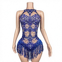 Combinaison de scène élastique sexy dos nu avec franges et strass, personnalisable, pour femme, bleue, haute qualité, pour la danse et les spectacles