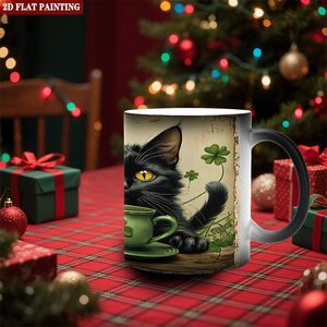 Taza Mágica de Cerámica Negra Esmerilada de 11 oz, Sensible al Calor, con Diseño de Gato y Trébol, Pintura Plana 2D - Product Image 2