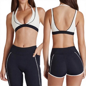 <b>2</b> <b>Piece</b> <b>Set</b> Crew Neck Solid Breathable High-Waisted Elastic Waist Running Fitness Shorts Sports Bra Eco-Friendly Front Logo - Product Image 2