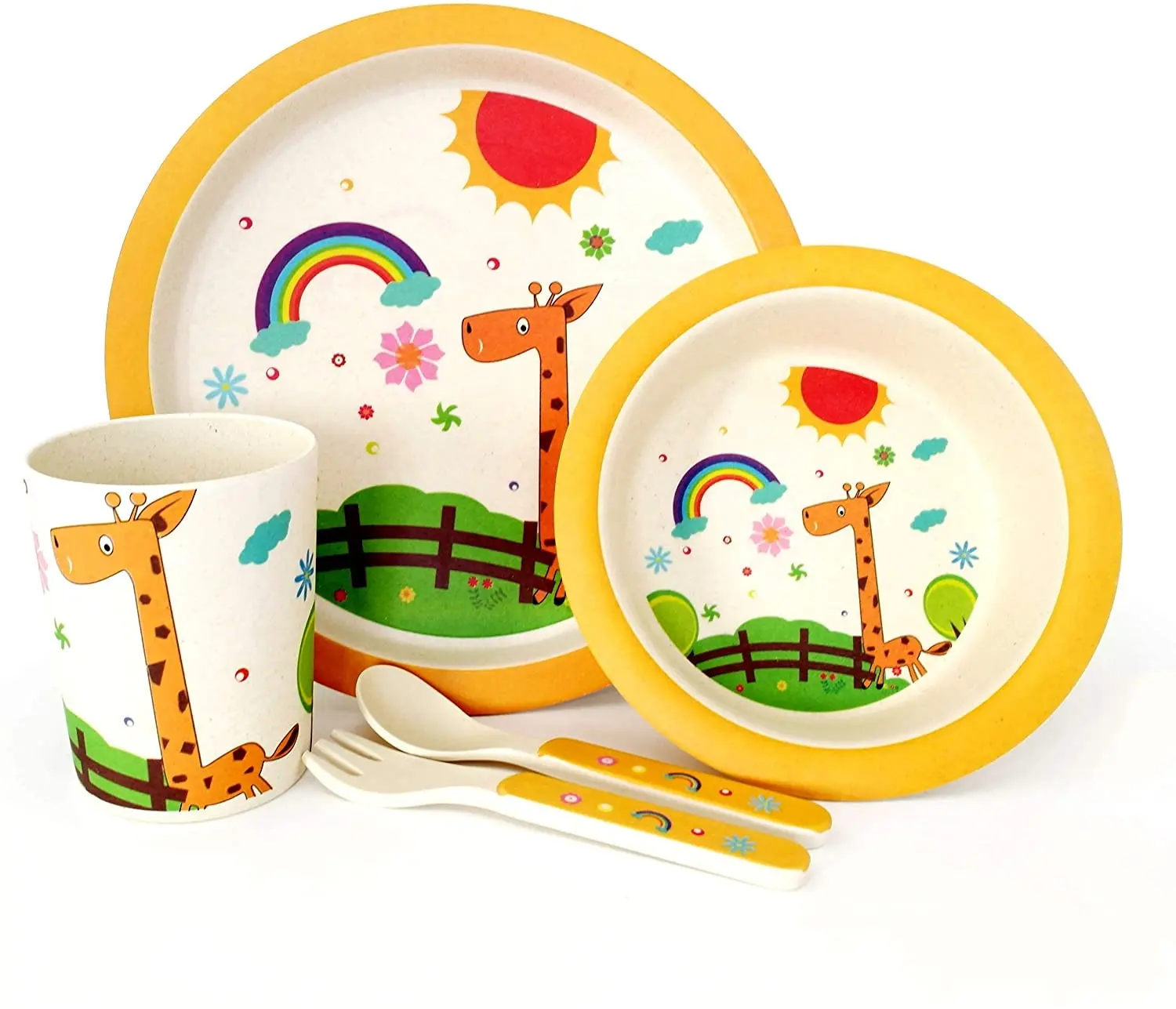 Placas animal impresso conjunto aparelho de jantar, bambu 5 peças crianças reutilizável conjunto de jantar com copo dividido colher e garfo