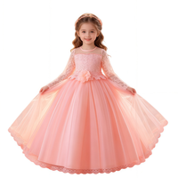 Robe de cérémonie longue en tulle pour enfants, à manches longues et dentelle, pour anniversaire, concours de beauté, mariage, demoiselle d'honneur et fête