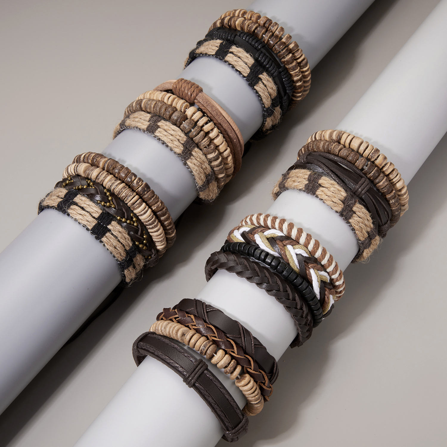 Handmade Multi Layer Mens Leather Bracelets with Wood Beads
