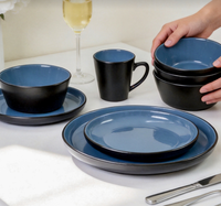Service de table de luxe 16 pièces en grès noir et bleu, assiettes, bols et tasses en céramique pour 4 personnes, compatible lave-vaisselle et micro-ondes, haute qualité