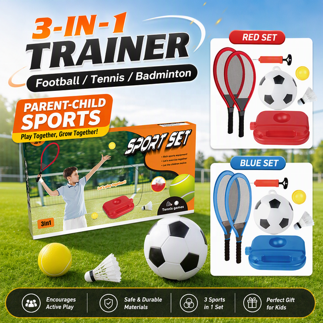 RS 3-in-1 Tennis Football Badminton Training Set Plastic Sports Toy for Kids Outdoor Backyard Interactive Game