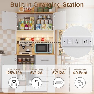 Buffet de cuisine moderne blanc haut avec étagères réglables et 3 tiroirs, éclairage LED et station de charge pour cuisine et salle à manger - Product Image 3