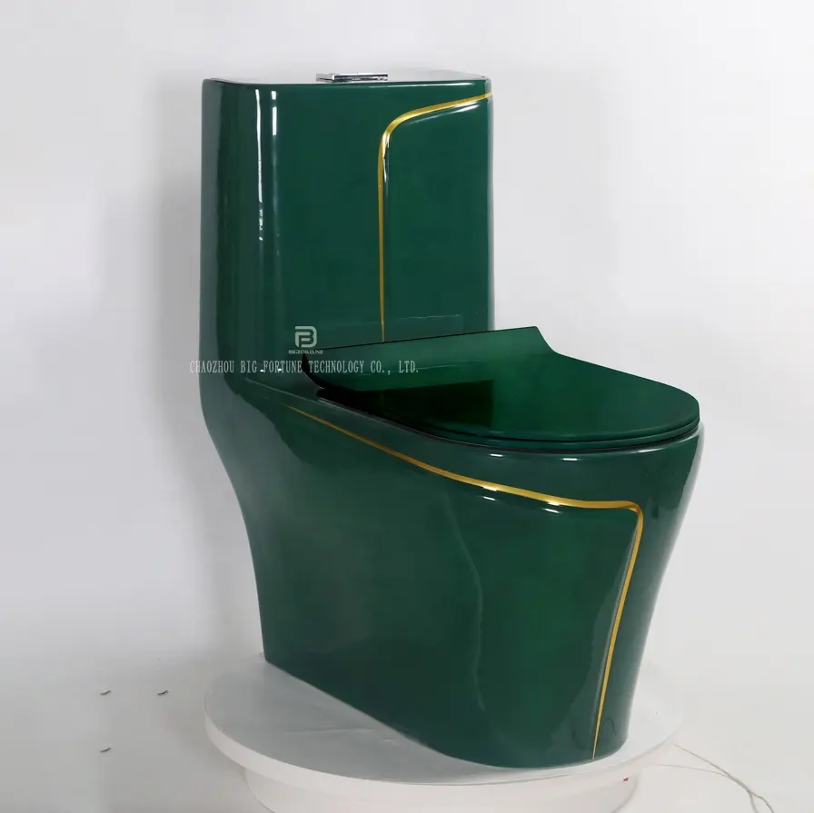 Hotel Sanitary Ware Bathroom Commode Wc Luxury Green Gold Line Design One Piece Toilet Water Closet Ceramic Toilets