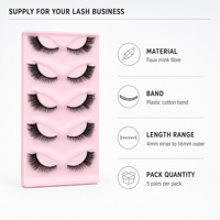 5 paires de faux cils œil de chat style renard, en vison synthétique monobloc, avec tige en plastique et coton, extrémité allongée, naturels, épais et bouclés