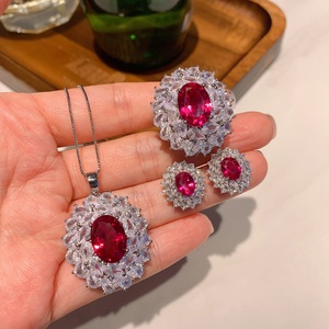 Wholesale Fashion Jewelry Eco-friendly Copper 10*14mm Red Glass Cubic Zirconia Elegant Pendant <b>Earrings</b> Set of Ladies Jewelry - Product Image 1