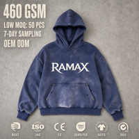Sweat à capuche RAMAX 100% coton 460GSM, bleu marine délavé, molleton épais, motif graphique, poche kangourou, streetwear d'hiver pour homme, personnalisable OEM
