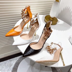 Pointed Toe <b>Pumps</b> Wedding High Heels Stone Print Chain Ornament Pointed Toe Summer Back Zip - Product Image 6