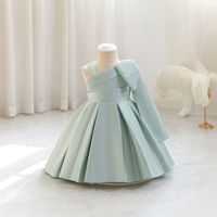 Gaun Bayi Perempuan Formal Satin Asimetris dengan Pita Besar dan Lipit, Gaun Pesta Pernikahan untuk Balita, Gaun Ulang Tahun, Grosir