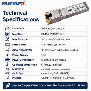 Module émetteur-récepteur SFP+ 10GBASE-T Cuivre RJ-45 30m 80m 100m Cat 6a avec négociation automatique pour réseau de campus, compatible - Product Image 5