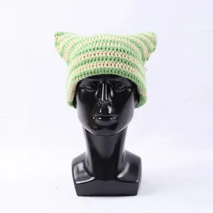 Оптовая продажа, Высококачественная винтажная зимняя теплая полосатая шапка с ушками, вязаная плетеная вязаная шапка для женщин
