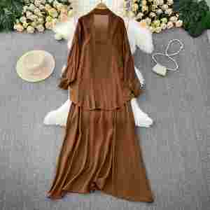 Ensemble deux pièces décontracté pour femme : chemise ample à manches longues et robe à bretelles amincissante pour l'été - Product Image 4