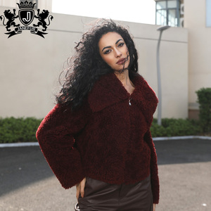 Veste en fausse fourrure de mouton Janefur pour femmes, style Y2K, col <span class=keywords><strong>marin</strong></span>, rouge vin, fermeture éclair - Product Image 4