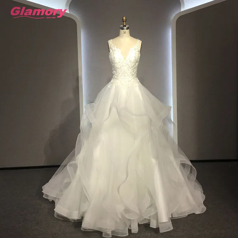 Bianco Che Borda cinghia di Spaghetti Del Merletto Con Scollo A V Abito Da Sposa Ruffles Pannello Esterno di Tulle Abito Da Sposa