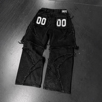 Jean baggy vintage Y2K pour homme, style streetwear, avec fermeture éclair, patchwork, broderie rayée et bords bruts en denim