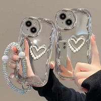 Coque de téléphone portable en TPU avec miroir en forme de cœur en perles 3D, électroplaquée, pour iPhone 7 8 X Xr Xs 11 12 13 14 15 16 Pro Max