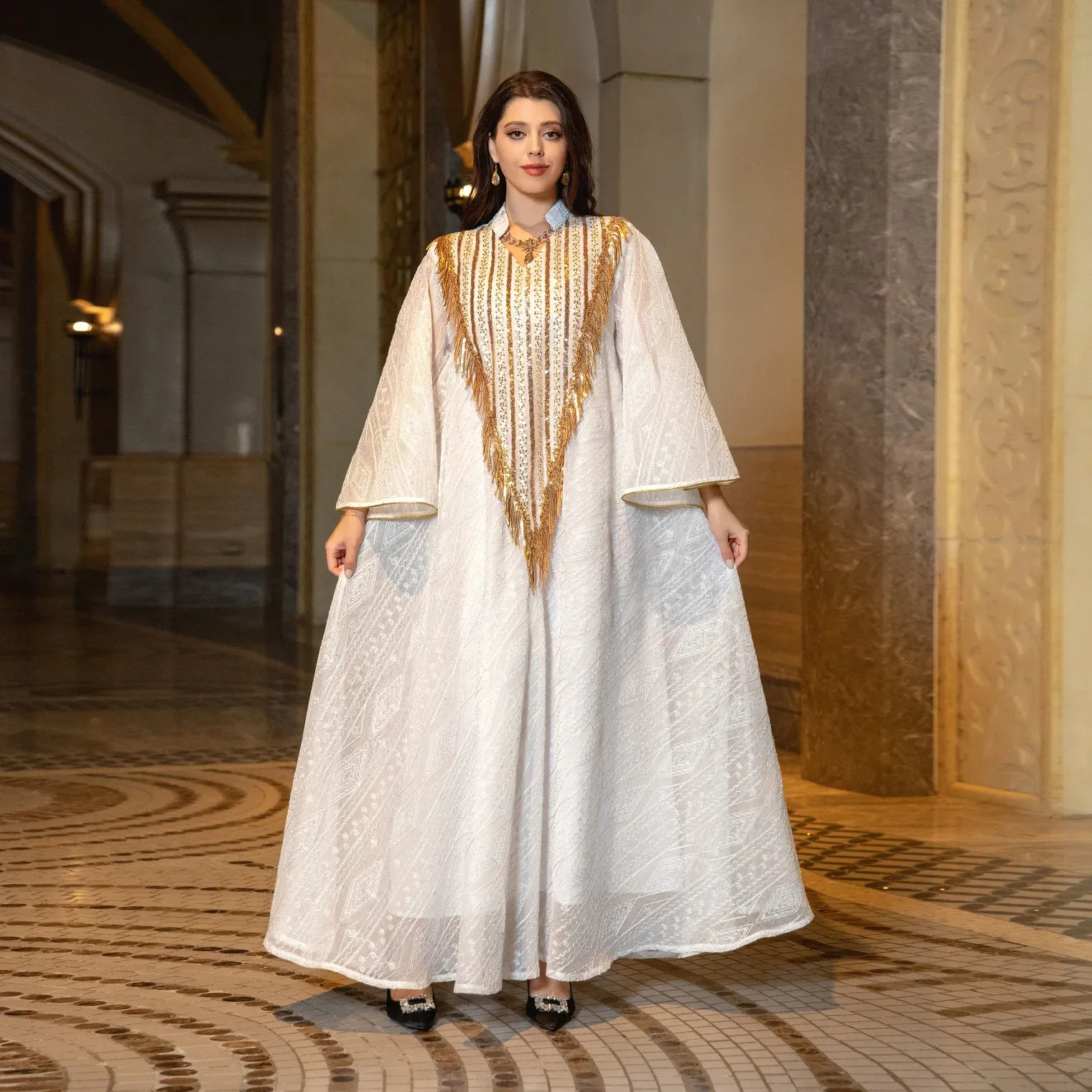 New fashion chiffon robe robe Dubai women's ethnic print elgent muslim dress for ladies beads