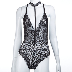 Body de encaje para mujer, color gris, elástico, con cuello en V profundo, estilo choker, ropa de dormir de una pieza para mujer - Product Image 4