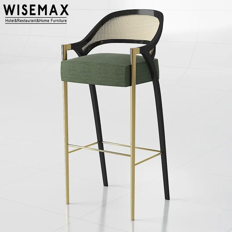 WISEMAX FURNITURE Tabouret de bar italien à cadre en bois massif à pieds hauts Tabouret de bar en rotin à dossier incurvé avec siège en tissu