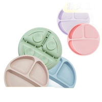 Assiette ronde à trois compartiments en silicone de qualité alimentaire, anti-chute, résistante aux hautes températures, avec ventouse pour l'alimentation des bébés