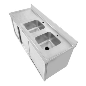Stainless Steel Commercial <b>Sink</b> Cabinet with 2 Right Bowls Sliding Doors Backsplash Adjustable Feet for Catering - Product Image 5