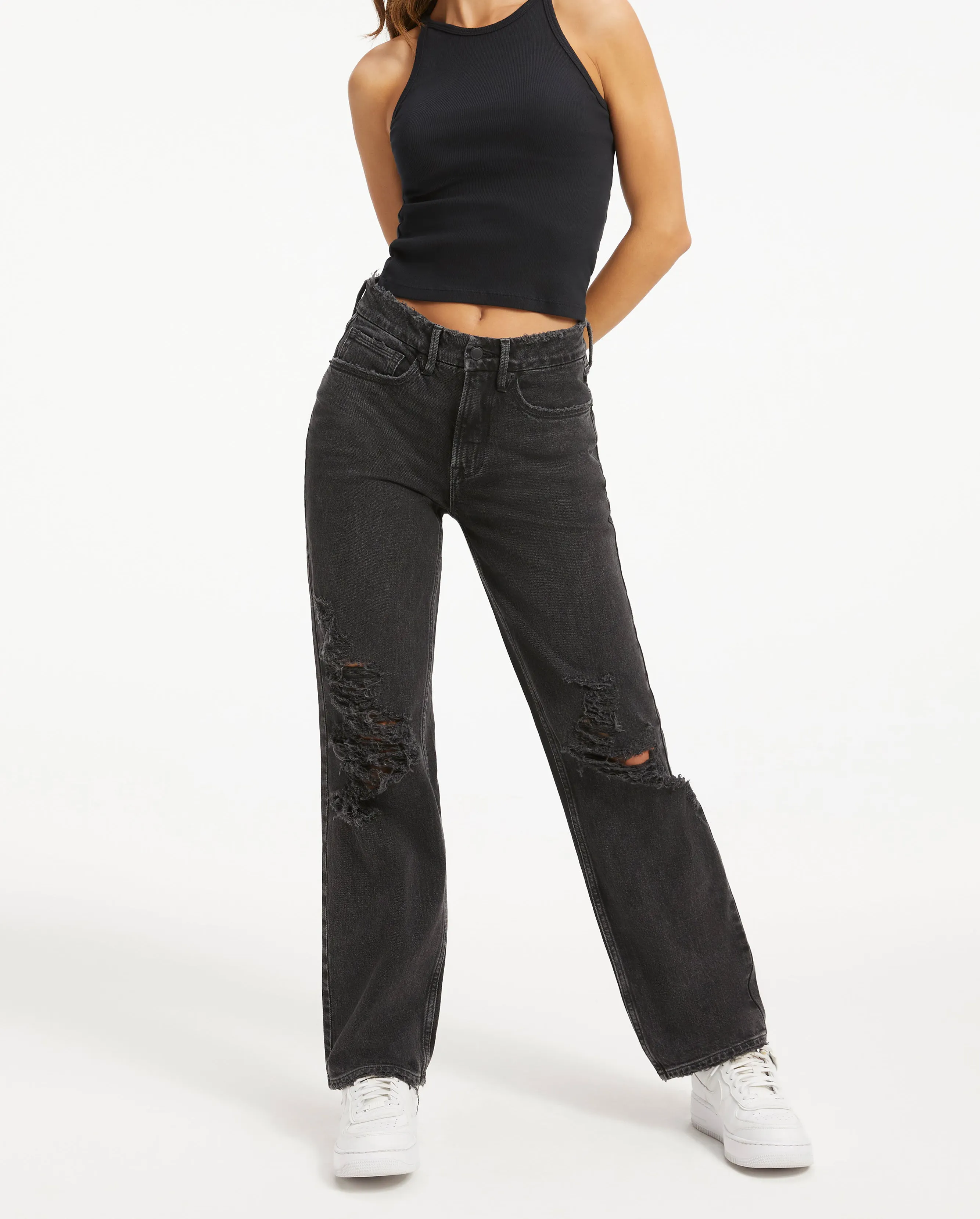 90s Vintage Cheap High Rise Black Wash Distressed Jeans Black Distressed Denim Pants Ladies Baggy Straight Leg Women Jeans