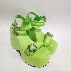 Sandales plates vertes pour femmes, talons compensés hauts, boucles fleuries, plateforme épaisse, chaussures d'été décontractées pour la plage - Product Image 4