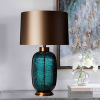 Lampes de table en verre soufflé à la main avec texture de bulles turquoise BGST, avec abat-jour en tissu, pour salon, chambre à coucher, éclairage d'ambiance décoratif