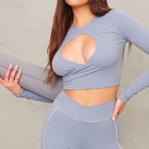 Eation Custom Women Fitness Shirts Sexy Hollow Cut Out Workout Crop Top Fitted Long Sleeve