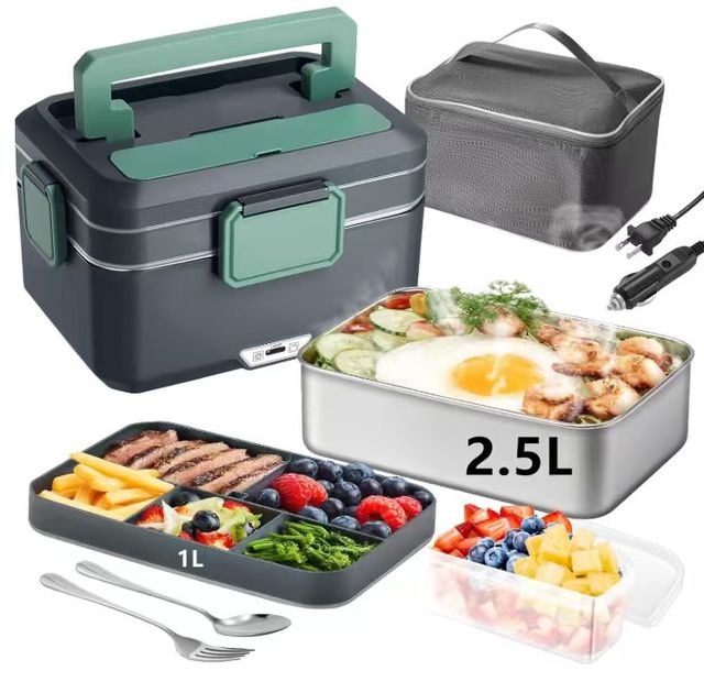 Stainless Steel Electric Food Warmer Lunch Box 2.1-4.0L Capacity Mechanical Control Zipper Closure 12/24/110/220V Household Car