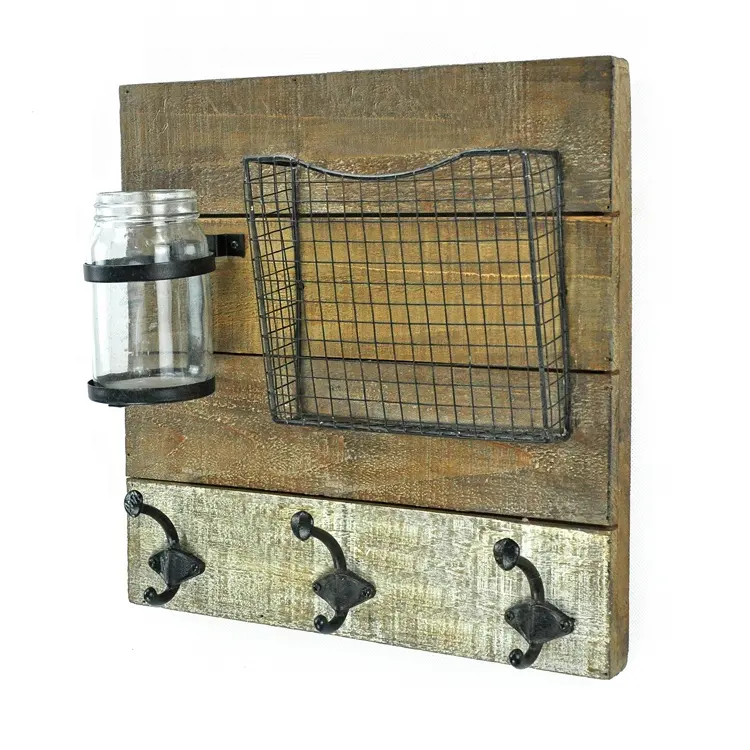 Ivydeco Vintage Stijl Gemonteerd Houten Muur Haak Met Metalen Pocket Organizer Bestand Houder