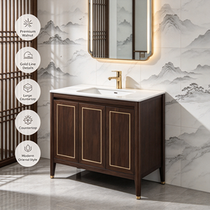 Meuble de salle de bain moderne à 3 portes en bois massif noyer foncé - Product Image 1