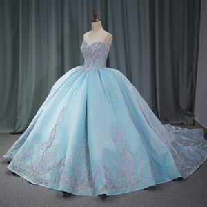 ชุดเดรสสีฟ้าสำหรับงาน Quinceanera ประดับลูกไม้ ปักเลื่อมวิบวับ ผ้าออร์แกนซ่า เปิดไหล่ สำหรับงาน Sweet 16 รุ่น Dy6831 - Product Image 2