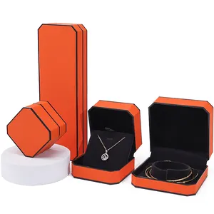 Han Hong Velvet Inside Wholesale High-end Luxury Custom Logo Leather Jewelry Box Packaging Necklace Earrings Orange Jewelry Box