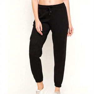 Women's Black Cotton Cargo Pants Mid Waist Drawstring Regular Fit Full Length Casual Joggers Solid Color Breathable Eco-Friendly - Product Image 1
