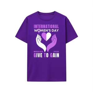 T-shirt per la Giornata Internazionale della Donna 2026, modello Give To Gain, in cotone viola, casual, girocollo, a maniche corte, stampata, abbigliamento da donna - Product Image 1