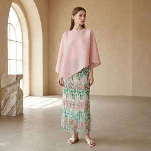 Ensemble décontracté plissé pour femme, 2 pièces : haut asymétrique à motif géométrique et <span class=keywords><strong>jupe</strong></span> <span class=keywords><strong>longue</strong></span> <span class=keywords><strong>plissée</strong></span> longueur cheville - Product Image 1