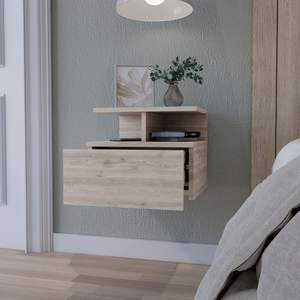 Mesita de noche flotante de 2 niveles de diseño moderno DB, madera y metal gris claro para muebles de dormitorio o sala de estar - Product Image 2