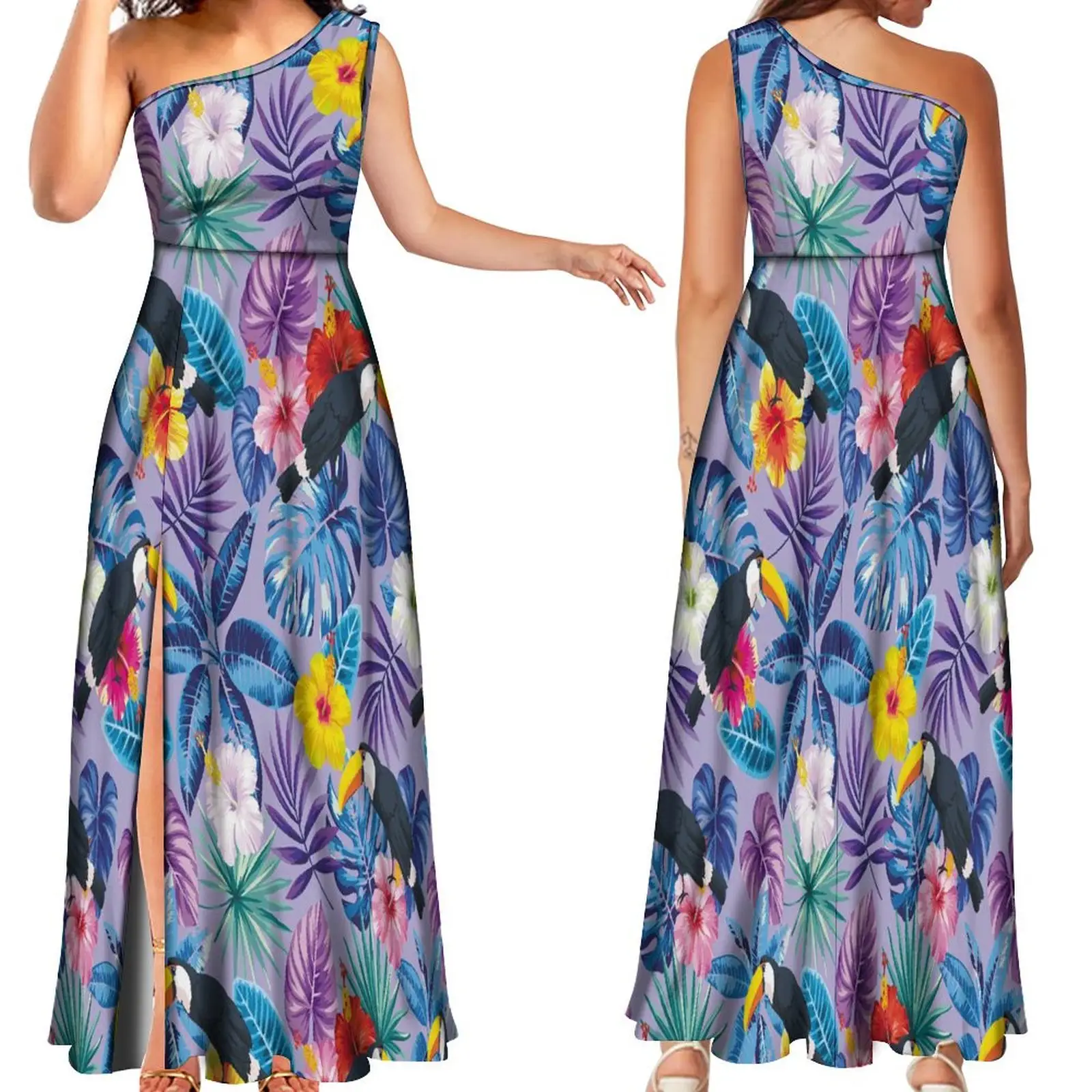 Hawaischer Stil Blumendruck elegante Dame eine Schulter ärmellose Abend-Maxi-Kleider individuelle Vestidos Übergröße Damenkleidung