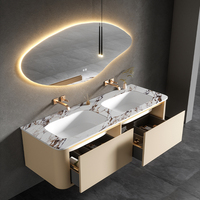 Meuble de salle de bain mural de luxe pour hôtel et villa, avec marbre, ensemble d'armoires de rangement modernes et miroir LED intelligent anti-buée