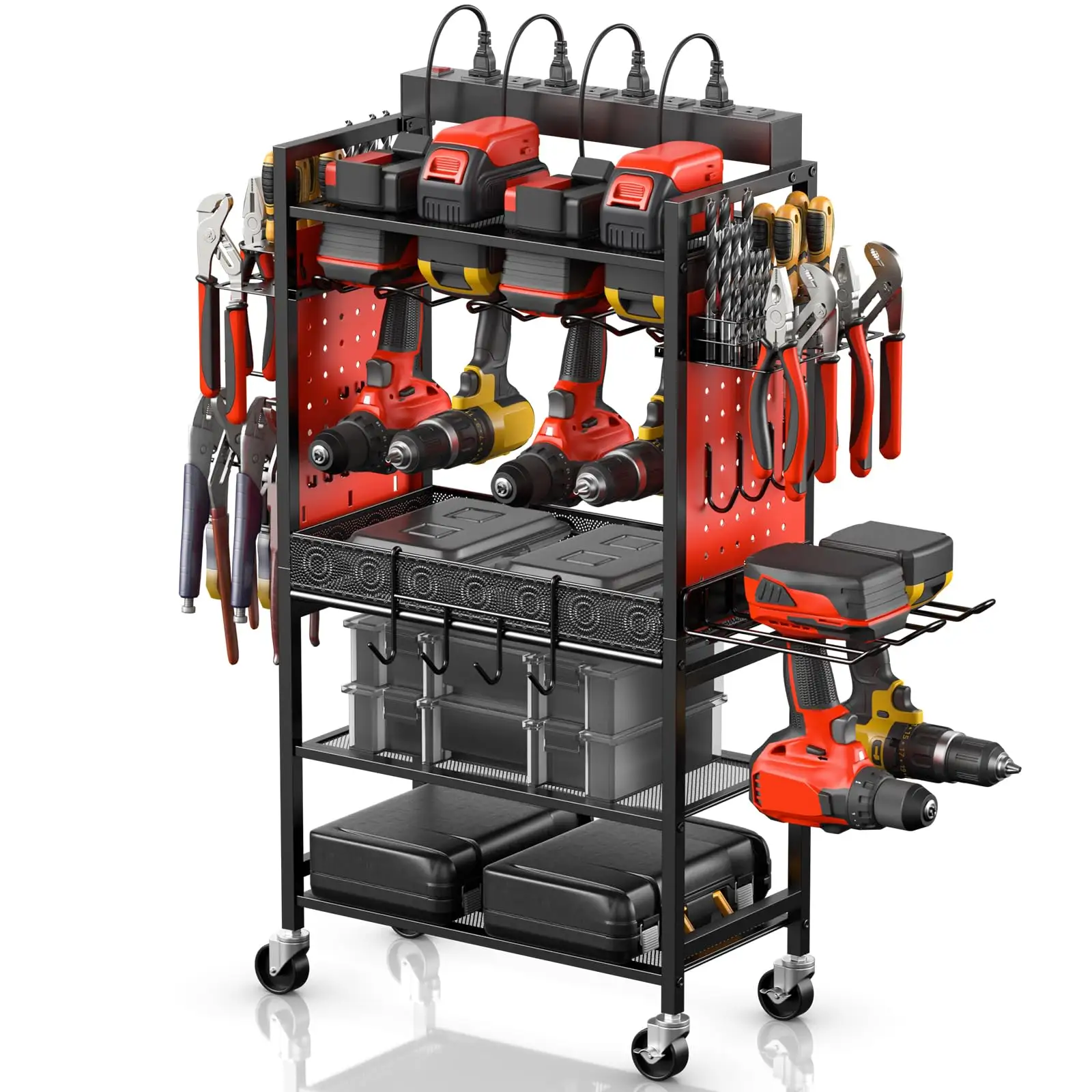 Power Tool Organizer Cart with Charging Station Garage Floor Rolling Storage Cart Power Tool Organizer with Wheels